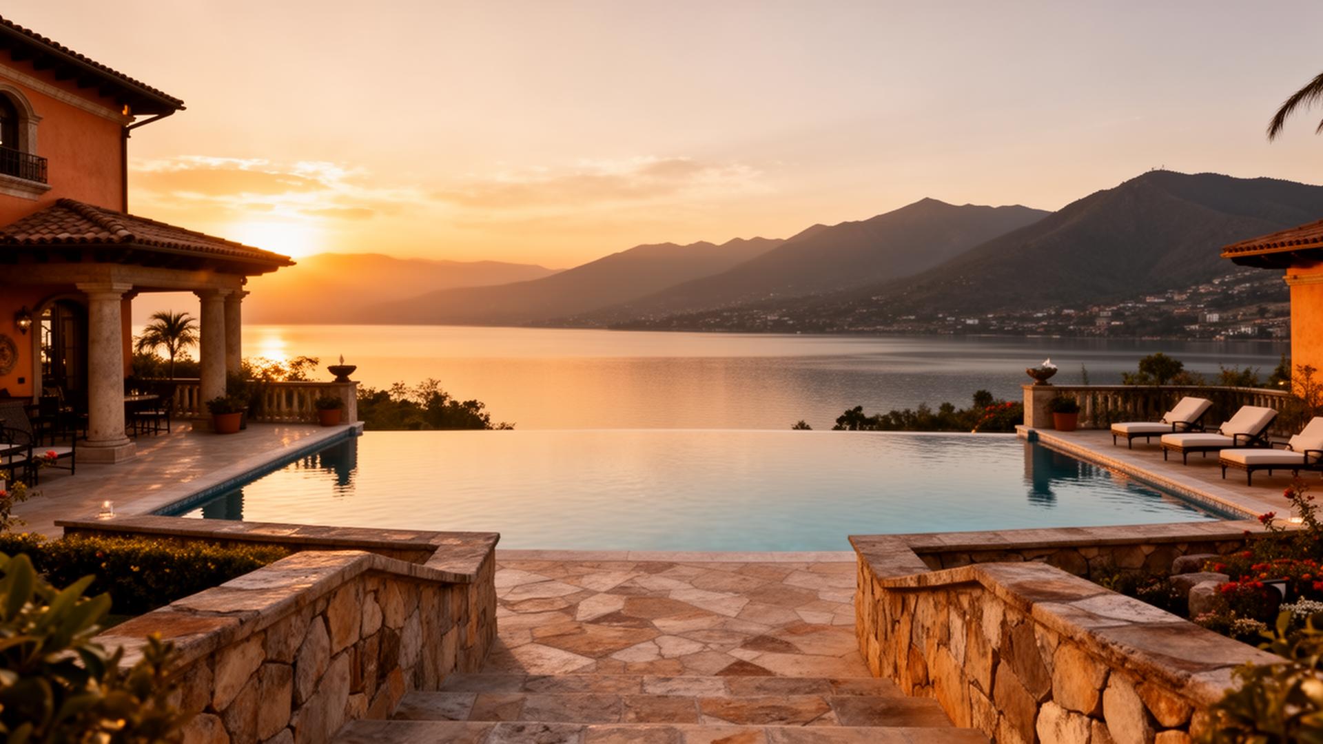 Vista de la residencia privada con piscina infinita frente al lago al atardecer